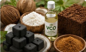 Coconut products and derivatives including coconut charcoal, briquettes, VCO and coconut sugar