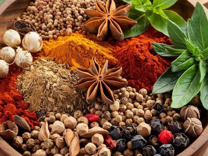Indonesian spices and herbs including pepper, turmeric, ginger, cloves and star anise